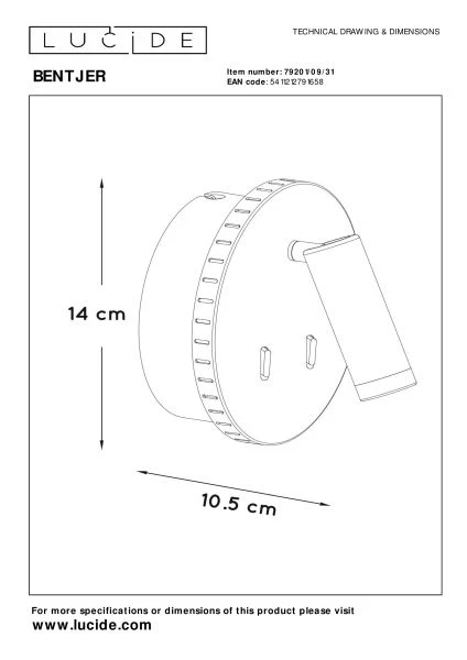 Lucide BENTJER - Bedlamp / Wandlamp - Ø 14 cm - LED - 3000K - Wit - technisch